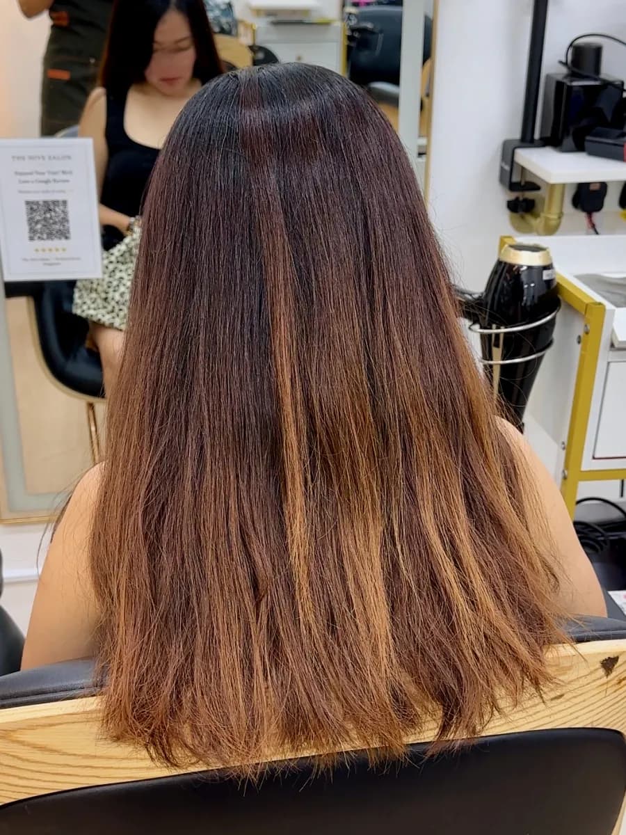 Hair with visible frizz and uneven texture before Premium Soft Rebonding at The Hive Salon Singapore