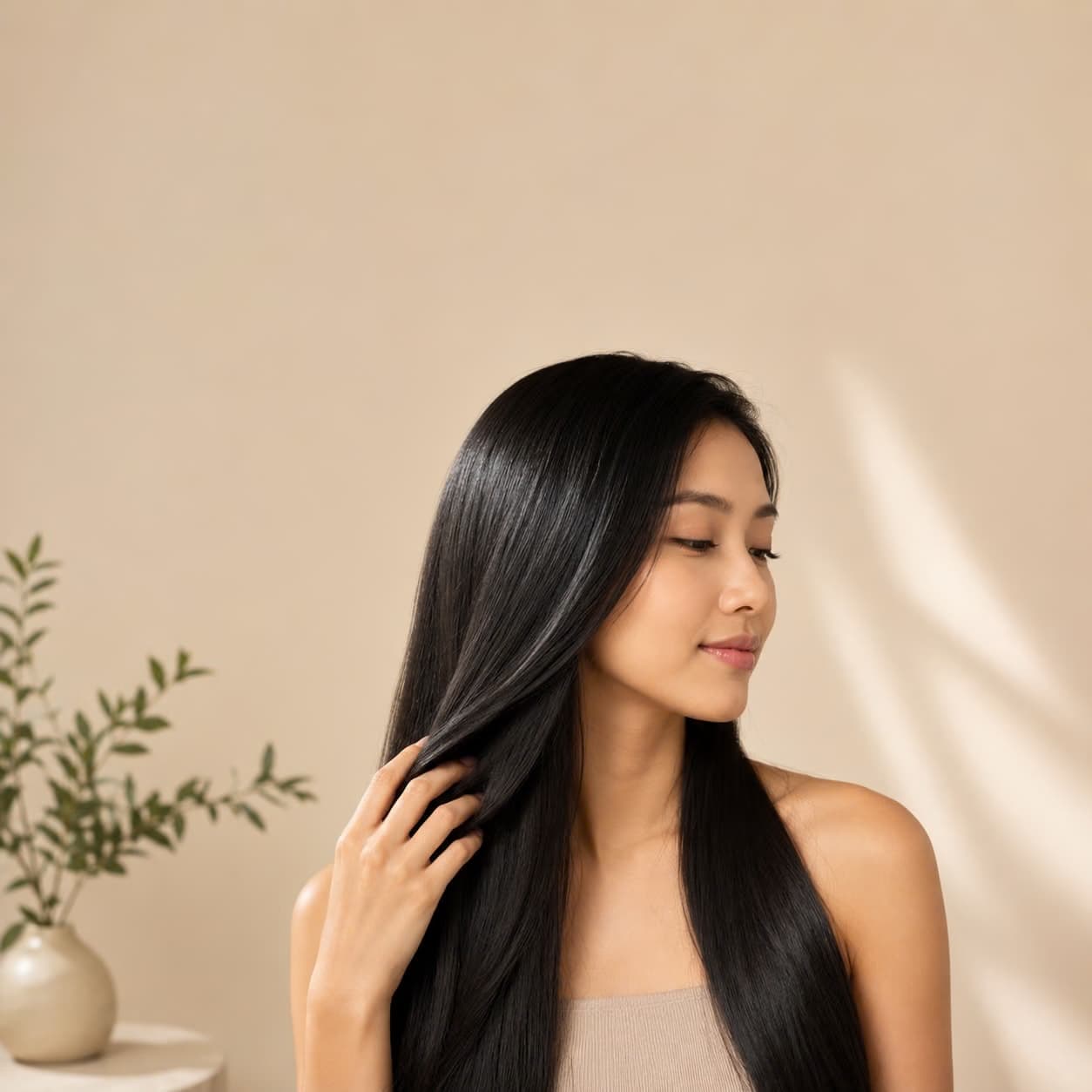 Woman with long, sleek, glossy straight hair after a smoothing treatment at The Hive Salon Singapore